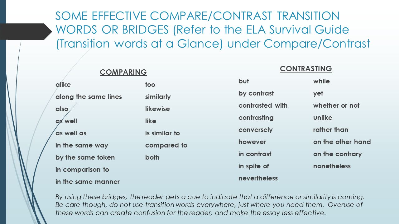 Good transitions for a compare and contrast essay